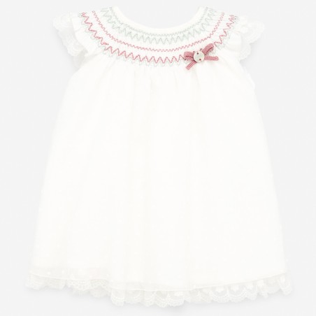 VESTIDO CON NIDO DE ABEJA CASCADA CON PUNTILLAS 35601 PAZ RODRIGUEZ
